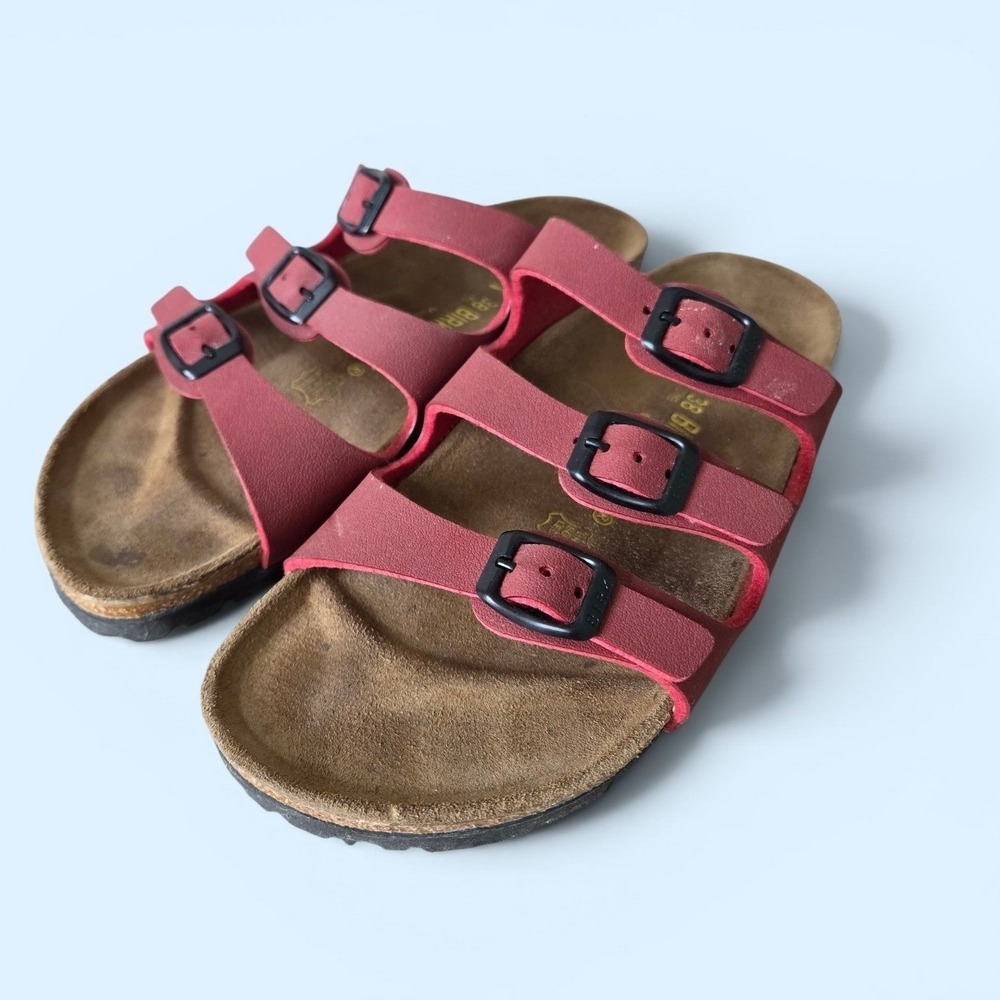 Birkenstock Sandals Florida Womens 38 Red Triple Strap Leather Slide Comfort